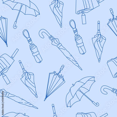 Seamless pattern with different Umbrellas in various positions. Open and folded umbrellas. Blue colors. Hand drawn colored Vector illustration. Cartoon style. Design templates. Isolated on background
