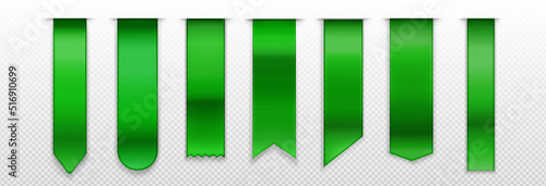 Green bookmarks, ribbon, banner 3d mockup, blank book marks with rounded, pointed and straight edges. Vertical silk canvas, tags template, Realistic 3d vector icons isolated on transparent background