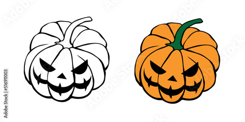 Vector simple scary spooky smiling Halloween pumpkin isolated. Jack o Lantern. Two variants - black contour for coloring in doodle style, color flat drawing. Traditional decoration symbol of holiday