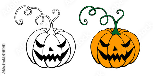 Vector simple scary spooky smiling Halloween pumpkin isolated. Jack o Lantern. Two variants - black contour for coloring in doodle style, color flat drawing. Traditional decoration symbol of holiday