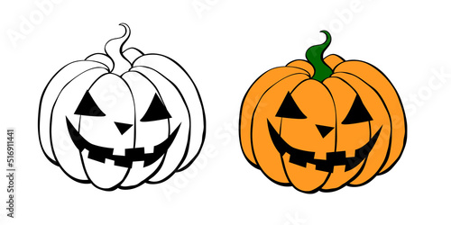 Vector simple scary spooky smiling Halloween pumpkin isolated. Jack o Lantern. Two variants - black contour for coloring in doodle style, color flat drawing. Traditional decoration symbol of holiday