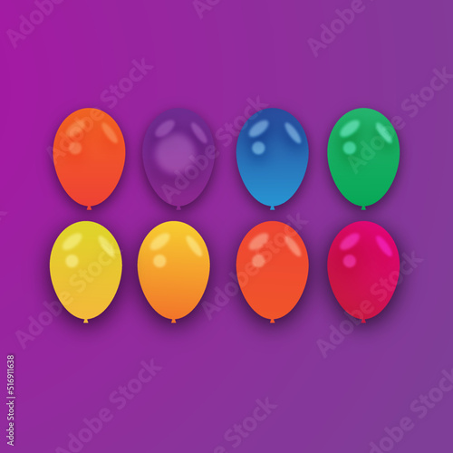 Multi Colored Balloons isolated on Purple background Vector | Bunch of Bright Balloons and Color Background | Colorful Balloons Vector | Colorful Balloons Collection. Flat Style. Vector illustration	 photo