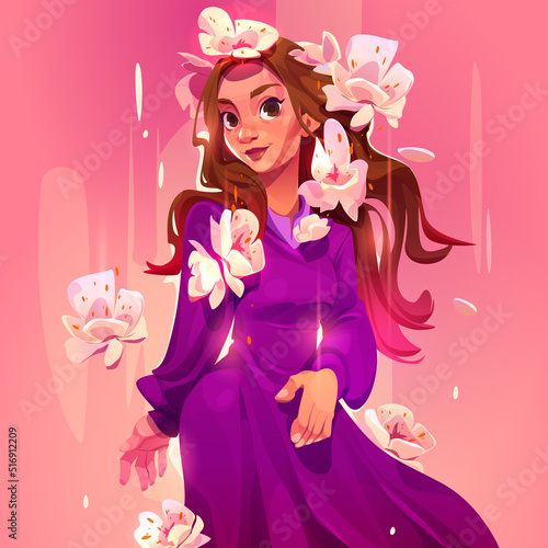 Cartoon beautiful girl with brown hair wear long purple dress with blooming flowers around. Young woman, attractive female character avatar, portrait, book or game personage, Vector illustration © klyaksun