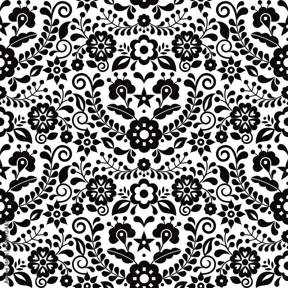 Mexican folk art vector seamless pattern with black and white flowers, textile or fabric print design inspired by traditional embroidery ornaments from Mexico
 Print