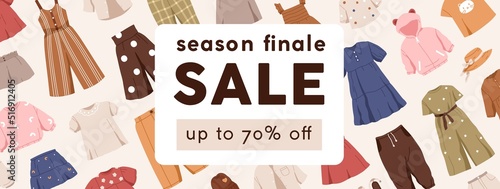 Ad banner template for kids clothes store, market. Final season sale, discount, price off advertisement, promo background design with childish garments, summer apparel. Flat vector illustrations