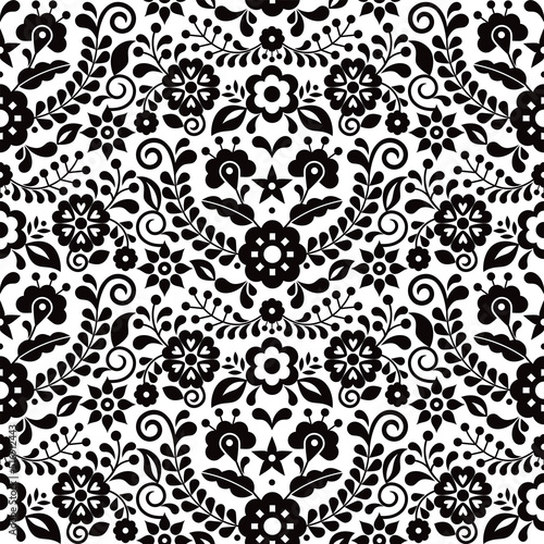 Mexican folk art vector seamless pattern with black and white flowers, textile or fabric print design inspired by traditional embroidery ornaments from Mexico
 Print