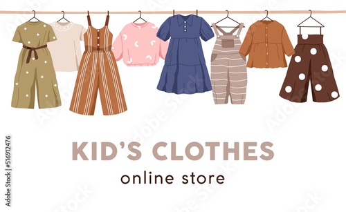 Kids clothes hanging, ad banner for online store. Childrens apparels on hangers border. Summer wearing, girls wardrobe promotion. Flat graphic vector illustration isolated on white background