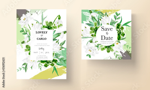 beautiful hand drawing watercolor flower and leaves wedding invitation card