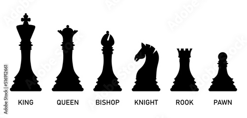Fotobehang Black silhouette chess pieces set isolated on white background