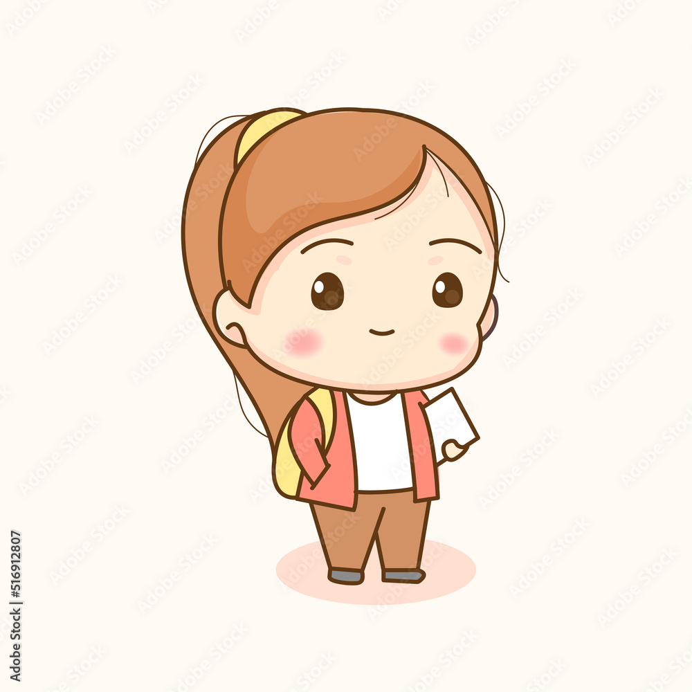 Cute girl young student. Chibi cartoon character. Flat vector illustration Cute girl young student. Chibi cartoon character. Flat vector illustration