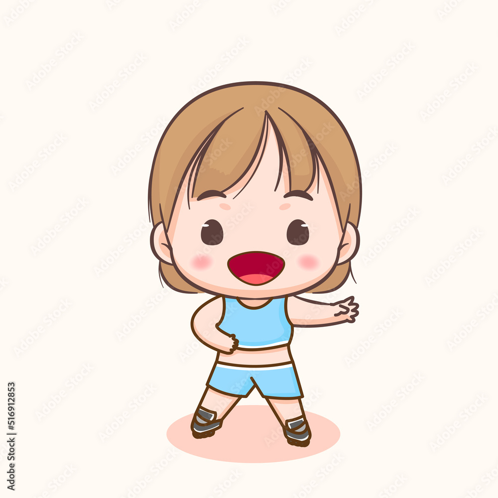 Cute girl playing roller skaters. Chibi cartoon character. Flat vector illustration