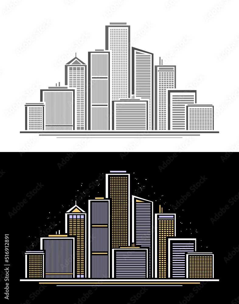 Vector Urban Skyline, monochrome triangle logo with simple linear design skyline city scape on white background and decorative poster with evening urban line art concept on dark starry sky background