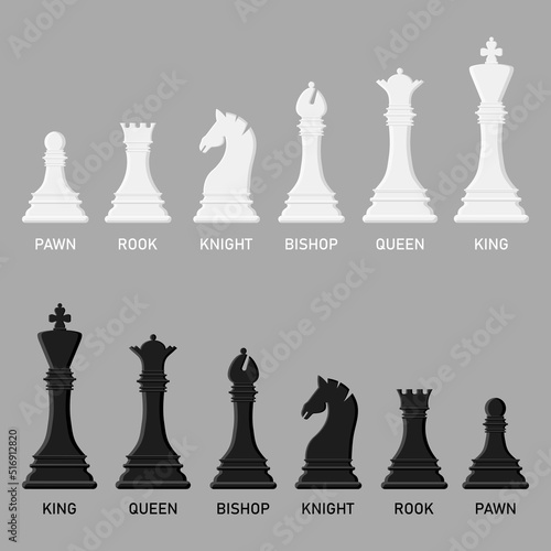 Cartoon black and white chess pieces set isolated on white background. Chess icons. King, queen, rook, knight, bishop, pawn. Vector illustration for design.