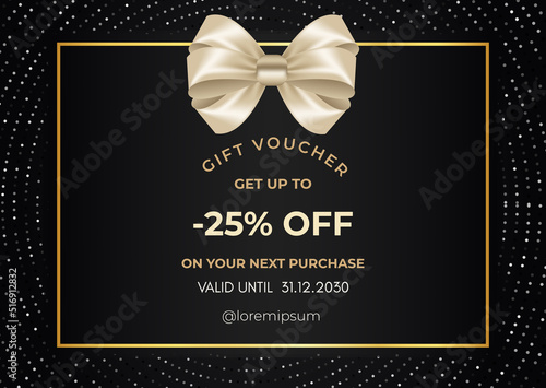 25% off coupon gift voucher template with silver bow isolated on luxury background. Premium design for discount cards, discount labels, coupon code, sale discount coupon, gift certificate.