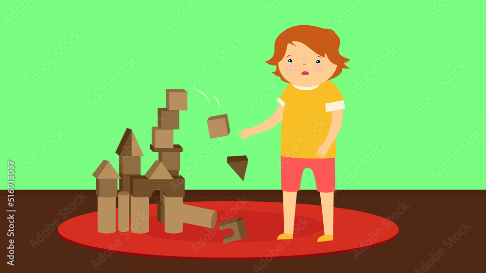 The boy was upset because the castle of cubes broke down The boy was upset because the castle of cubes broke down