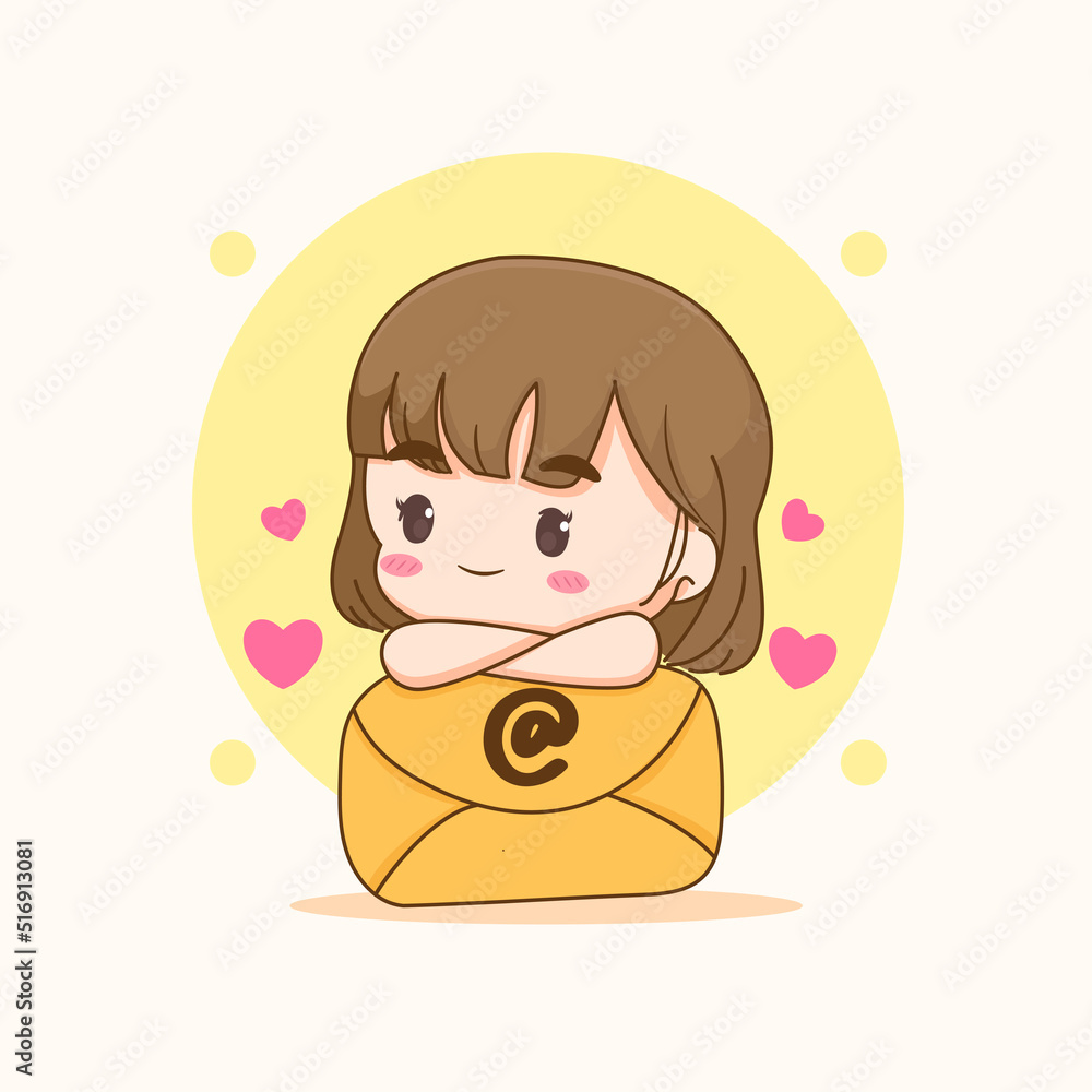 Cute girl Hold a large envelope. Chibi cartoon character. Flat vector illustration Cute girl Hold a large envelope. Chibi cartoon character. Flat vector illustration