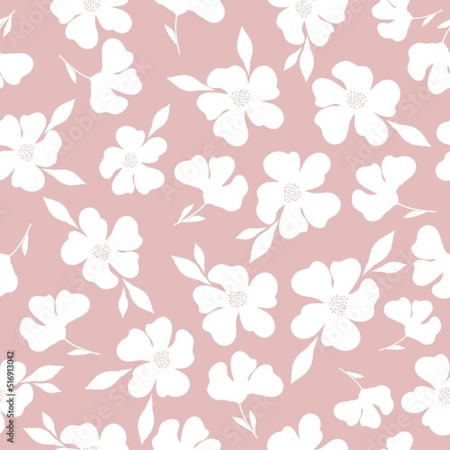 Simple vintage pattern. wonderful white flowers and leaves. pink background. Fashionable print for textiles and wallpaper.