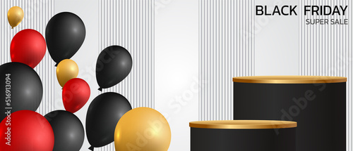 Black Friday Super Sale. Banner, poster on dark background. podium for sale