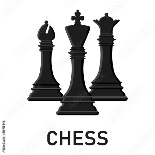 Cartoon black chess king, queen and bishop isolated on white background. Chess icons. Vector illustration for design.