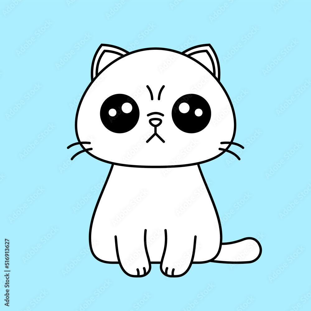 White grumpy cat with outline. Cute cartoon kitten character. T shirt design element. Kawaii Persian shorthaired kitty. Funny short tempered domestic feline face. Vector illustration, flat, clip art. White grumpy cat with outline. Cute cartoon kitten character. T shirt design element. Kawaii Persian shorthaired kitty. Funny short tempered domestic feline face. Vector illustration, flat, clip art.