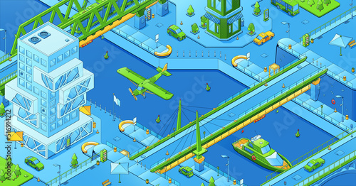 Isometric city infrastructure and transport, bridges, urban architecture, modern buildings, flying airplane, train, yacht on river, cars on streets with road signs 3d vector line art illustration