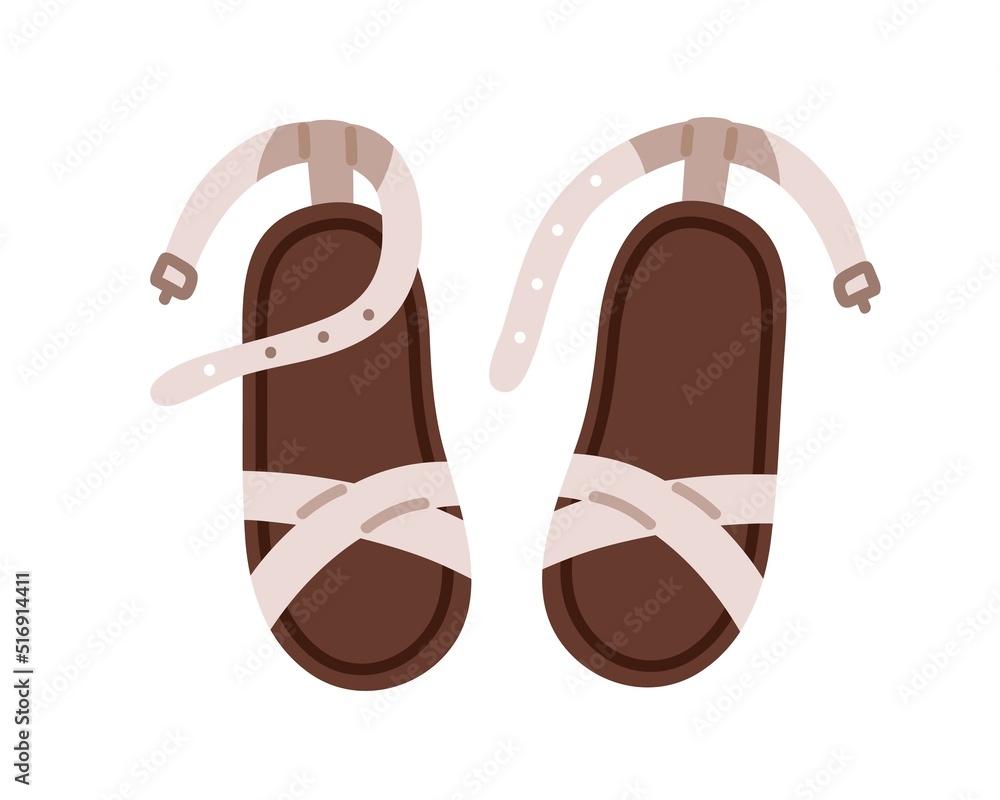 Kids summer sandals top view. Childs girls footwear pair. Girly foot wear with criss cross straps. Toddlers footgear. Flat vector illustration isolated on white background