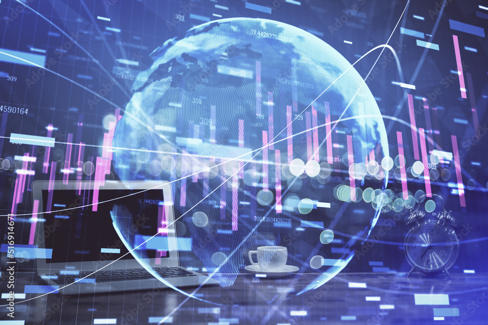 Forex market graph hologram and personal computer on background. Double exposure. Concept of investment. Forex market graph hologram and personal computer on background. Double exposure. Concept of investment.