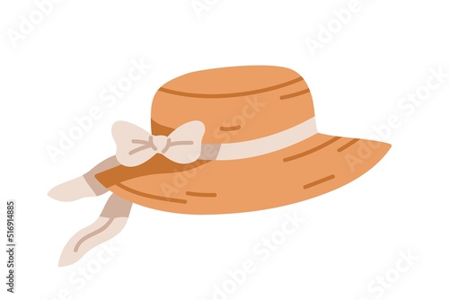 Summer straw hat for kids girls. Beach sunhat with ribbon and bow. Childs girly sun headwear with brims. Female holiday head wear. Flat vector illustration isolated on white background