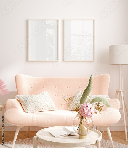 Mockup frame in interior background, room in light pastel colors, Scandi-Boho style, 3d render  © artjafara