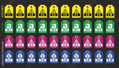 Energy isolation point tag vector set. 1 to 10 electrical, water, gas and pneumatic label isolation point tag set.