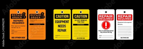 Equipment repair tag vector illustrations. front and back templates of three different designs. Isolated on black background.