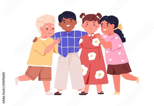 Cute happy kids hugging, smiling, standing together. Diverse children group portrait. Excited joyful little girls and boys, best friends. Flat vector illustration isolated on white background