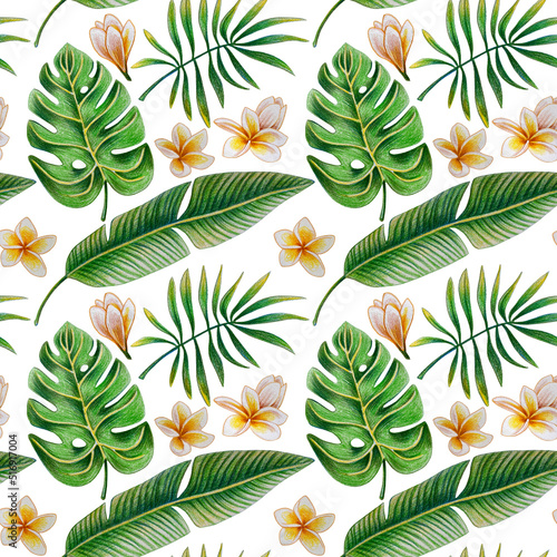  Seamless pattern of tropical leaves and flowers drawn with colored pencils on a white background. For fabric, sketchbook, wallpaper, wrapping paper.