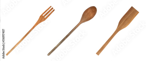 Topview of Set Cooking Wooden Utensils on White Background
