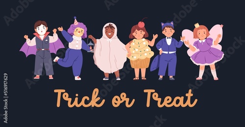 Halloween banner with happy disguised kids in holiday costumes. Cute children...