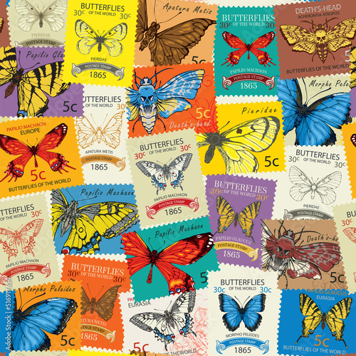 seamless pattern with old postage stamps with various bright beautiful butterflies and their names on a light background. Vector postage stamps with postmark in retro style