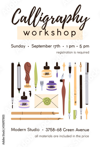 Calligraphy workshop flyer design, ad poster template. Promotion background f...
