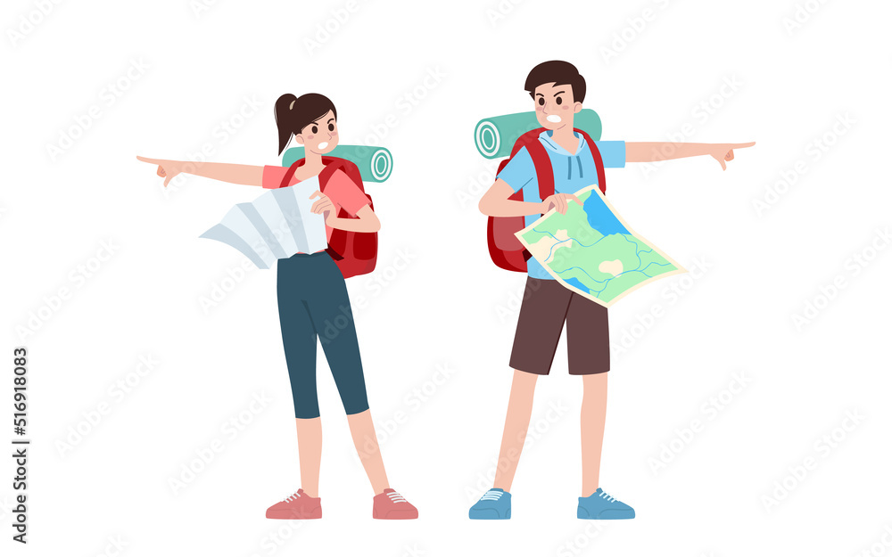Group of young tourist characters. Traveling tourists with travel backpack going on vacation trip after covid-19 virus was diminish. Vacation people isolated vector. Summer character, woman and man.
