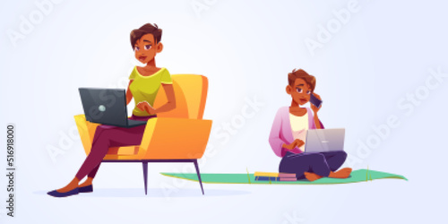 Woman work on laptop sitting on mat and chair. Concept of home office, freelance, remote job. Vector cartoon illustration of girl freelancer isolated on white background