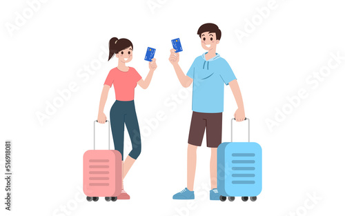 Group of young tourist characters. Traveling tourists with travel backpack going on vacation trip after covid-19 virus was diminish. Vacation people isolated vector. Summer character, woman and man. photo