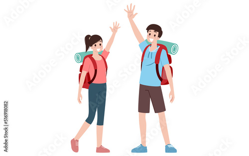 Group of young tourist characters. Traveling tourists with travel backpack going on vacation trip after covid-19 virus was diminish. Vacation people isolated vector. Summer character, woman and man.