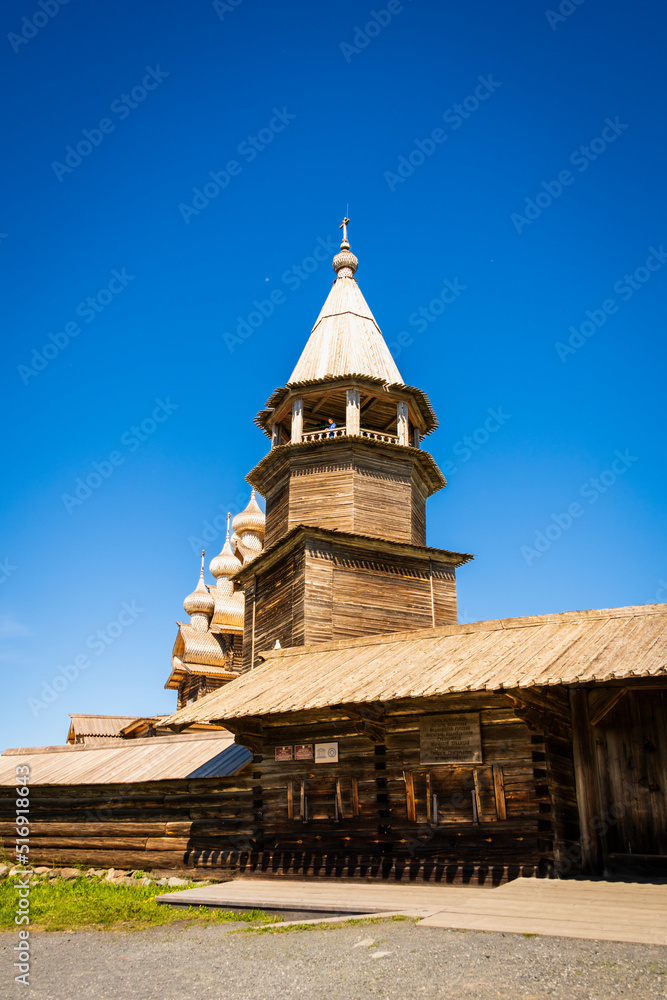 Open-air museum-reserve on Kizhi island in Lake Onega. Monuments of wooden architecture: churches and a bell tower. Kizhi Island, Karelia, Russia. Russia tourism concept