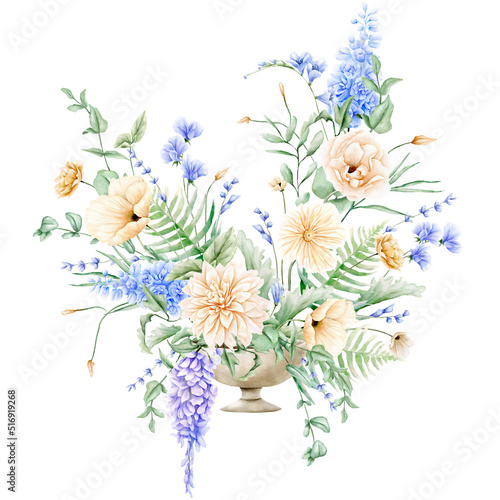 Watercolor spring violet and beige flowers arrangement.