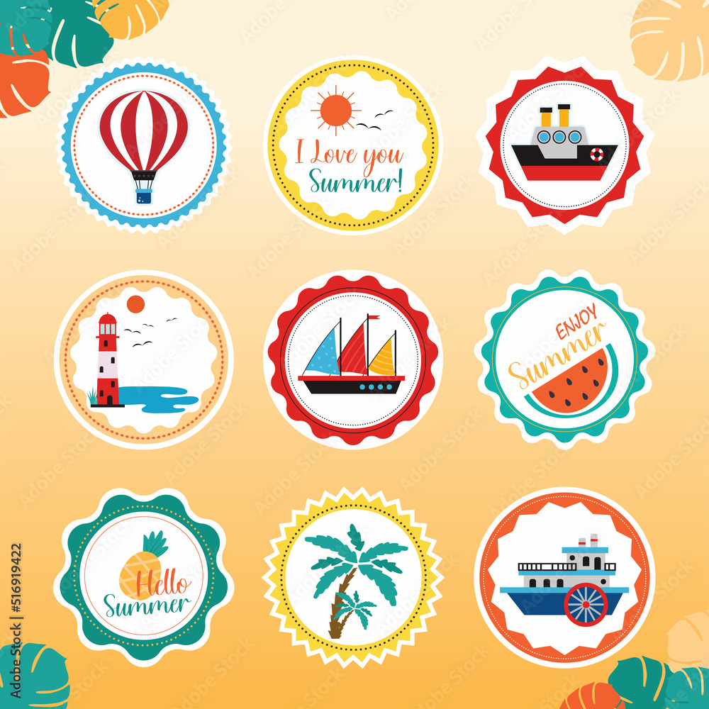 Summer colorful icons and stickers, boats, air ballons, sea