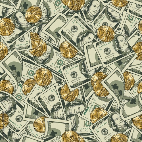 Money vintage seamless pattern with lots of dollar bills, gold coins. One hundred US dollar banknotes. Vector illustration. Chaotic messy composition.