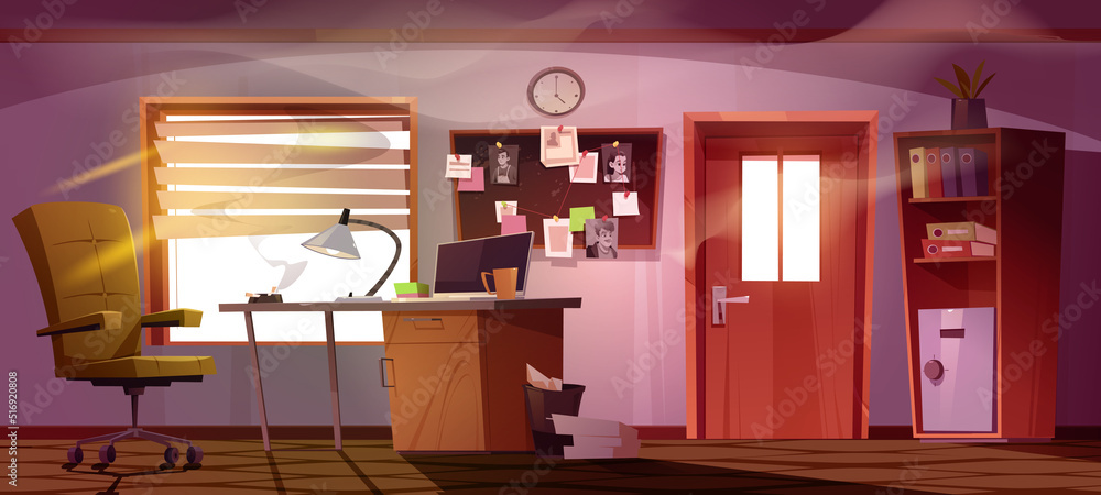 Detective office interior in noir style, police workplace cabinet with ...