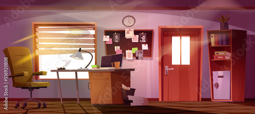 Detective office interior in noir style, police workplace cabinet with cigarette smoke, laptop on desk, safe, board with evidences of crime. Investigation bureau room, Cartoon vector illustration