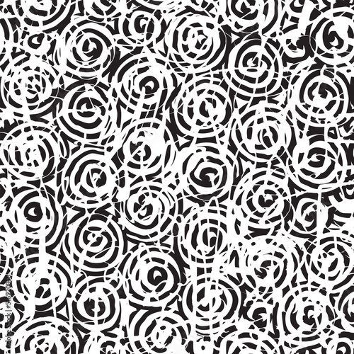 Abstract seamless pattern with tangled spiral doodles. Black and white vector background in grunge style. Graphic print for wallpaper, wrapping paper, fabric, clothes. Squiggle freehand texture