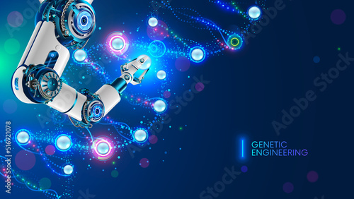 Micro robot edits dna molecule. Genetic engineering future concept. Robotic arm works, changes genes in molecular DNA. Futuristic biotechnology medical nanorobot. Medicine genetic research technology