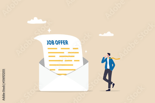 Job offer or job opportunity to be promoted or new position for higher salary, employment and recruitment, human resources concept, businessman candidate thinking to accept job offer email envelope.